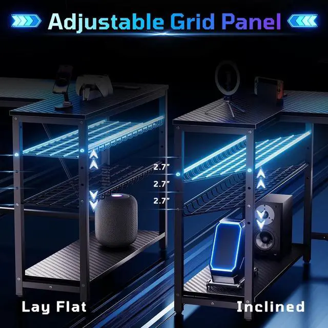 Alt view image 5 of 7 - Bestier 42" Reversible L-Shaped Gaming Desk: Equipped with Power Outlets, LED Lights, Adjustable Shelves & Hooks for Small Spaces ,Bedrooms & Offices, Carbon Fiber Black