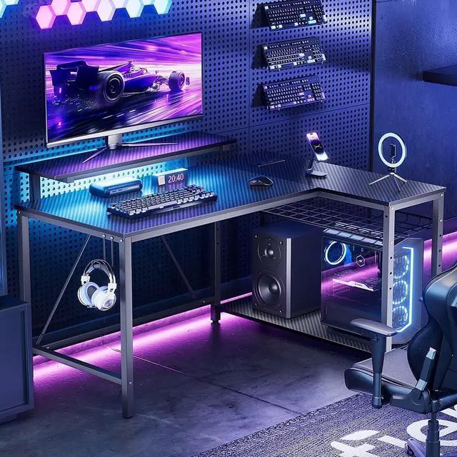 Alt view image 2 of 7 - Bestier 42" Reversible L-Shaped Gaming Desk: Equipped with Power Outlets, LED Lights, Adjustable Shelves & Hooks for Small Spaces ,Bedrooms & Offices, Carbon Fiber Black
