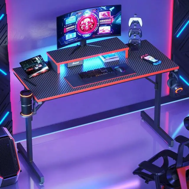 Alt view image 6 of 7 - Bestier 42" Gaming Desk PC Computer Office Gamer Table Desk with LED Lights & Monitor Stand in Red