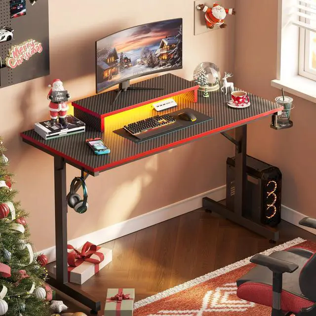 Alt view image 3 of 7 - Bestier 42" Gaming Desk PC Computer Office Gamer Table Desk with LED Lights & Monitor Stand in Red