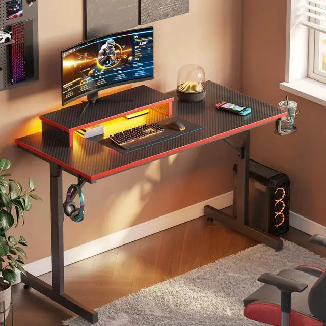 Alt view image 7 of 7 - Bestier 42" Gaming Desk PC Computer Office Gamer Table Desk with LED Lights & Monitor Stand in Red