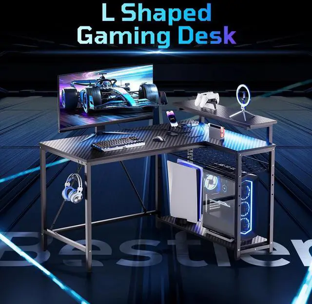 Alt view image 2 of 7 - Bestier 42" Reversible L-Shaped Gaming Desk: Equipped with Power Outlets, LED Lights, Adjustable Shelves & Hooks for Small Spaces ,Bedrooms & Offices, Carbon Fiber Black