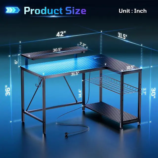 Alt view image 7 of 7 - Bestier 42" Reversible L-Shaped Gaming Desk: Equipped with Power Outlets, LED Lights, Adjustable Shelves & Hooks for Small Spaces ,Bedrooms & Offices, Carbon Fiber Black