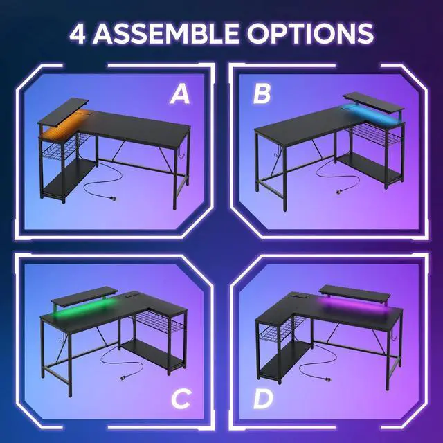 Alt view image 7 of 7 - Bestier 52" Gaming Desk with LED Lights L Shaped Desk with Power Outlet & Monitor Stand Corner Computer Desk in Carbon Fiber