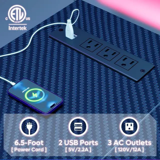 Alt view image 4 of 7 - Bestier 52" Gaming Desk with LED Lights L Shaped Desk with Power Outlet & Monitor Stand Corner Computer Desk in Carbon Fiber