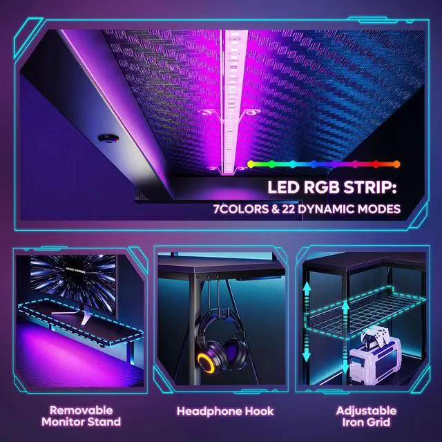 Alt view image 3 of 7 - Bestier 52" Gaming Desk with LED Lights L Shaped Desk with Power Outlet & Monitor Stand Corner Computer Desk in Carbon Fiber