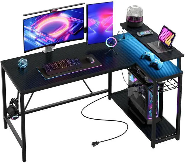 Main image of Bestier 52" Gaming Desk with LED Lights L Shaped Desk with Power Outlet & Monitor Stand Corner Computer Desk in Carbon Fiber