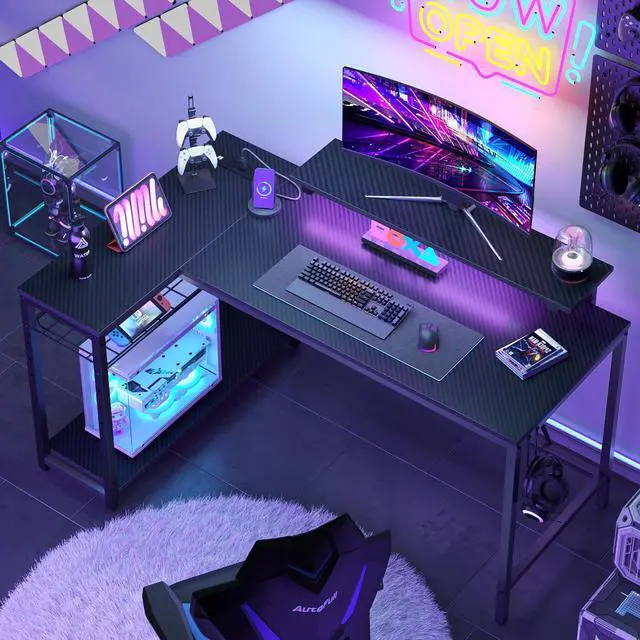 Alt view image 5 of 7 - Bestier 52" Gaming Desk with LED Lights L Shaped Desk with Power Outlet & Monitor Stand Corner Computer Desk in Carbon Fiber