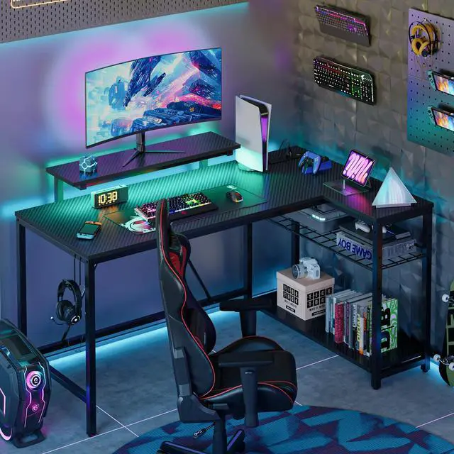 Alt view image 2 of 7 - Bestier 52" Gaming Desk with LED Lights L Shaped Desk with Power Outlet & Monitor Stand Corner Computer Desk in Carbon Fiber