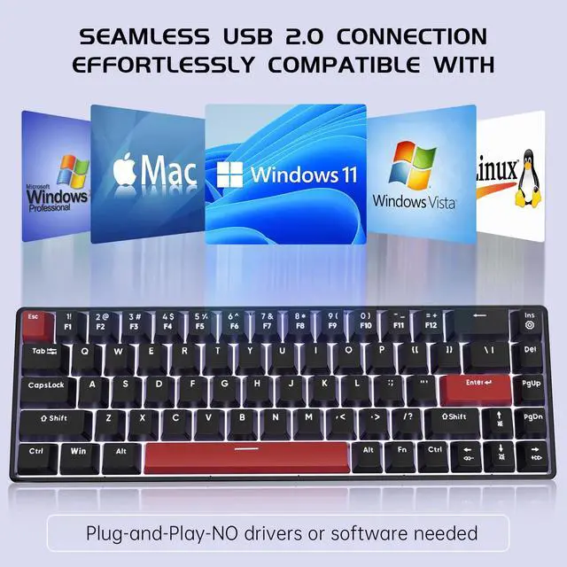 Alt view image 6 of 7 - FFN 68-Key 60% Mechanical Gaming Keyboard with Red Switches-Compact Design with Detachable Type-C Cable,LED Backlit for Gaming Smooth,Compatible with Win/Mac/Linux/PC/Laptop-Black
