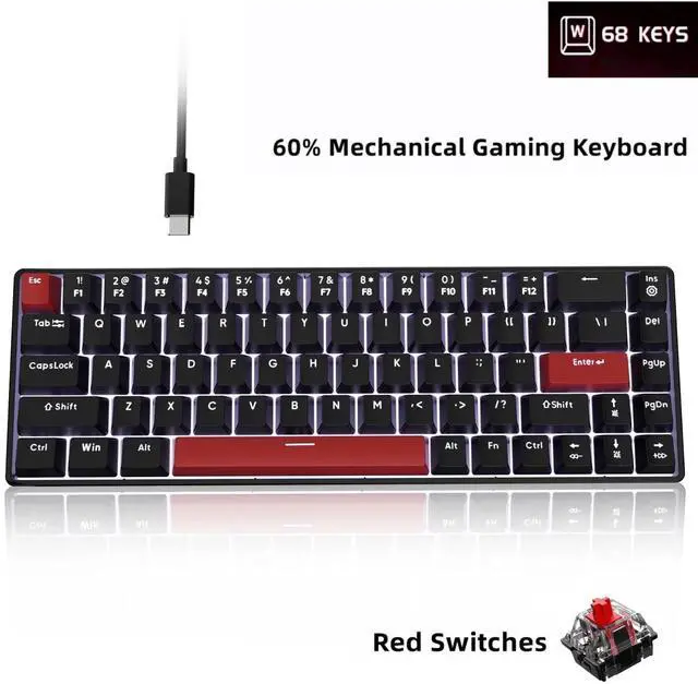 Main image of FFN 68-Key 60% Mechanical Gaming Keyboard with Red Switches-Compact Design with Detachable Type-C Cable,LED Backlit for Gaming Smooth,Compatible with Win/Mac/Linux/PC/Laptop-Black
