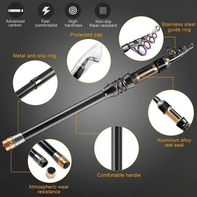 Alt view image 2 of 7 - Fishing Rod Kit, Carbon Fiber Telescopic Fishing Pole and Reel Combo with Spinning Reel, Line, Lure, Hooks and Carrier Bag, Fishing Gear Set for Beginner Adults Saltwater