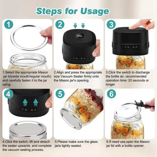 Alt view image 2 of 7 - Electric Mason Jar Vacuum Sealer, Vacuum Sealing Machine Kit for Regular Mouth and Wide Mouth Mason Jar,with Led Screen,Portable & Extend Food Storage Time