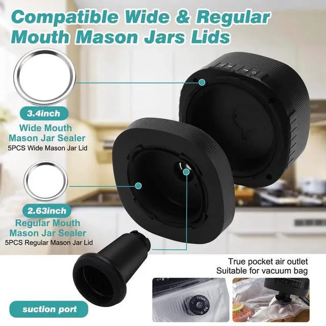 Alt view image 6 of 7 - Electric Mason Jar Vacuum Sealer, Vacuum Sealing Machine Kit for Regular Mouth and Wide Mouth Mason Jar,with Led Screen,Portable & Extend Food Storage Time