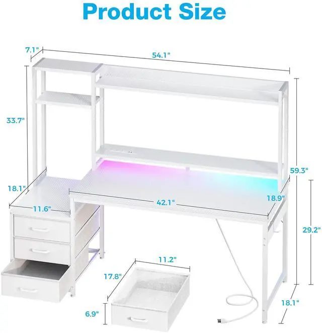 Alt view image 6 of 6 - Casacomoda 55 inch Gaming Desk with LED Lights & Power Outlets, Home Office Desk with Reversible Storage Drawers & Monitor Shelves,White