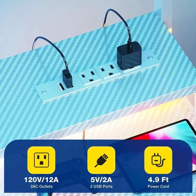 Alt view image 4 of 6 - Casacomoda 55 inch Gaming Desk with LED Lights & Power Outlets, Home Office Desk with Reversible Storage Drawers & Monitor Shelves,White