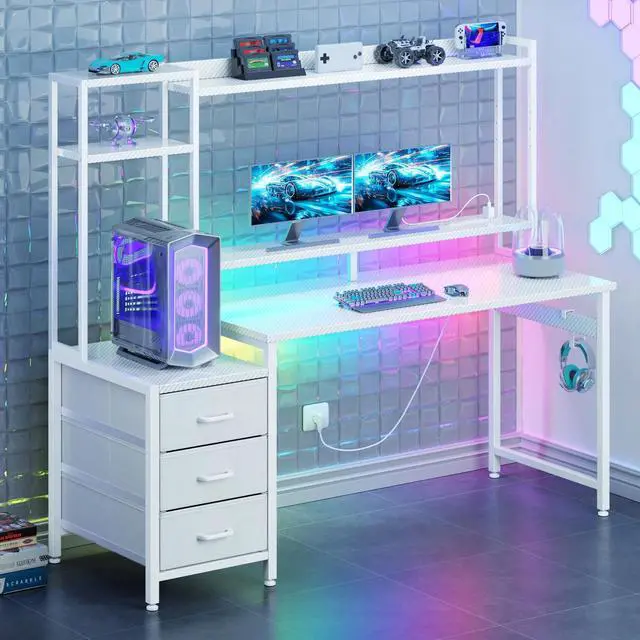 Alt view image 3 of 6 - Casacomoda 55 inch Gaming Desk with LED Lights & Power Outlets, Home Office Desk with Reversible Storage Drawers & Monitor Shelves,White