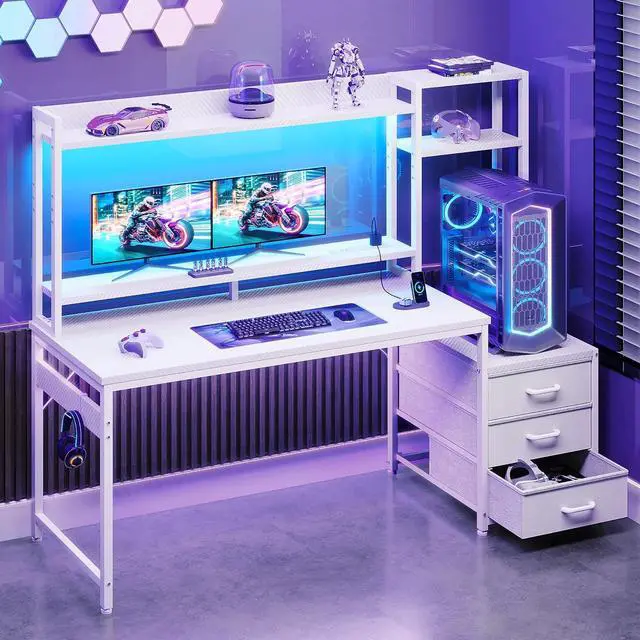 Main image of Casacomoda 55 inch Gaming Desk with LED Lights & Power Outlets, Home Office Desk with Reversible Storage Drawers & Monitor Shelves,White