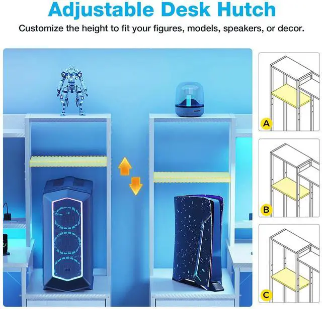 Alt view image 5 of 6 - Casacomoda 55 inch Gaming Desk with LED Lights & Power Outlets, Home Office Desk with Reversible Storage Drawers & Monitor Shelves,White