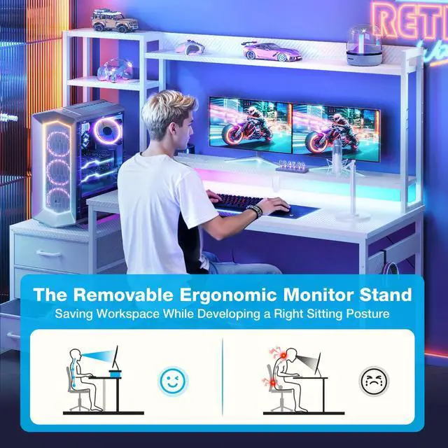 Alt view image 2 of 6 - Casacomoda 55 inch Gaming Desk with LED Lights & Power Outlets, Home Office Desk with Reversible Storage Drawers & Monitor Shelves,White