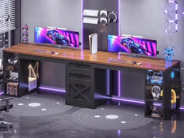 Alt view image 3 of 7 - SEDETA Farmhouse 96.5" Office Desk with Drawers, 2 Person Gaming Desk with Storage, Double Computer Desk with Storage Drawers, Long Two Person Writing Desk, Black