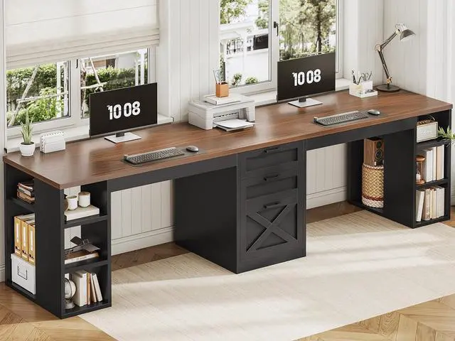 Main image of SEDETA Farmhouse 96.5" Office Desk with Drawers, 2 Person Gaming Desk with Storage, Double Computer Desk with Storage Drawers, Long Two Person Writing Desk, Black