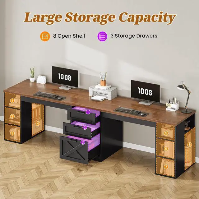 Alt view image 5 of 7 - SEDETA Farmhouse 96.5" Office Desk with Drawers, 2 Person Gaming Desk with Storage, Double Computer Desk with Storage Drawers, Long Two Person Writing Desk, Black