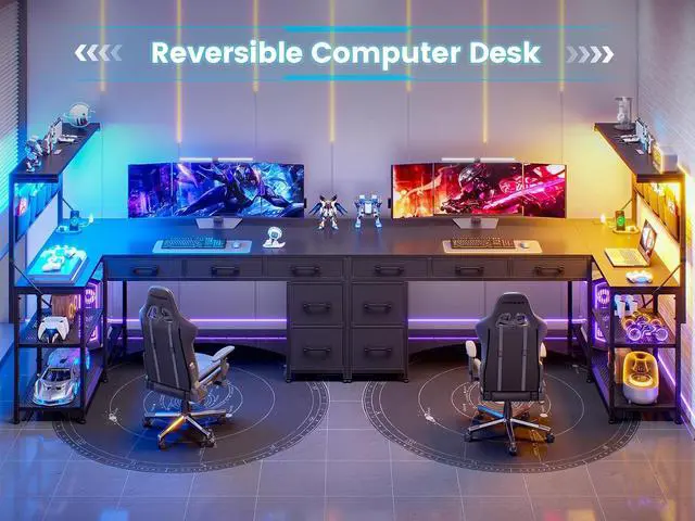 Alt view image 3 of 7 - SEDETA L Shaped Gaming Desk, 47.2" Reversible Small Computer Desk with 5 Drawers and Storage Shelves, Corner Gaming Desk with LED Lights and Power Outlet, Black