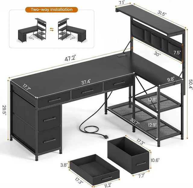 Alt view image 2 of 7 - SEDETA L Shaped Gaming Desk, 47.2" Reversible Small Computer Desk with 5 Drawers and Storage Shelves, Corner Gaming Desk with LED Lights and Power Outlet, Black