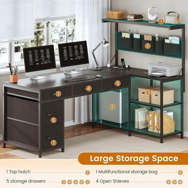 Alt view image 7 of 7 - SEDETA L Shaped Gaming Desk, 47.2" Reversible Small Computer Desk with 5 Drawers and Storage Shelves, Corner Gaming Desk with LED Lights and Power Outlet, Black