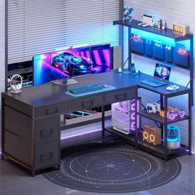 Main image of SEDETA L Shaped Gaming Desk, 47.2" Reversible Small Computer Desk with 5 Drawers and Storage Shelves, Corner Gaming Desk with LED Lights and Power Outlet, Black
