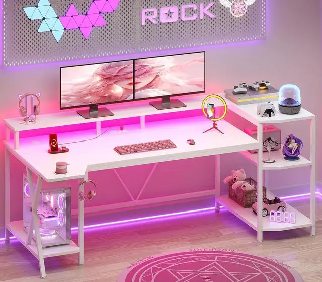 Main image of SEDETA White Gaming Desk 70.8'' with LED Lights and Storage Shelves, Computer Desk with Monitor Stand, Power Outlets and Cup Holder, Large PC Gamer Desk, Gaming Table for Bedroom, Living Room