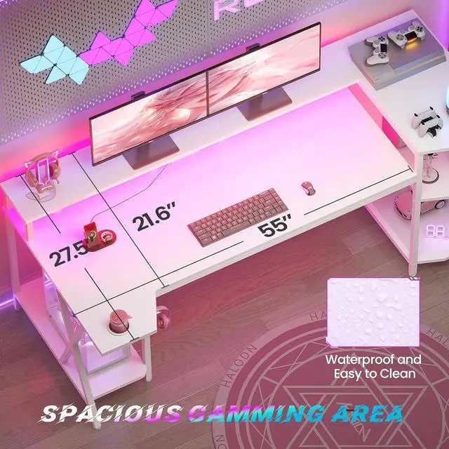 Alt view image 7 of 7 - SEDETA White Gaming Desk 70.8'' with LED Lights and Storage Shelves, Computer Desk with Monitor Stand, Power Outlets and Cup Holder, Large PC Gamer Desk, Gaming Table for Bedroom, Living Room