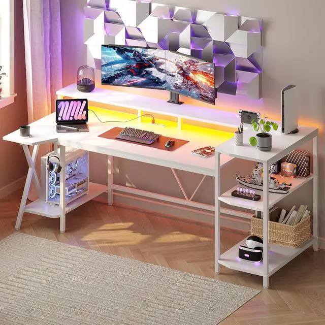 Alt view image 3 of 7 - SEDETA White Gaming Desk 70.8'' with LED Lights and Storage Shelves, Computer Desk with Monitor Stand, Power Outlets and Cup Holder, Large PC Gamer Desk, Gaming Table for Bedroom, Living Room