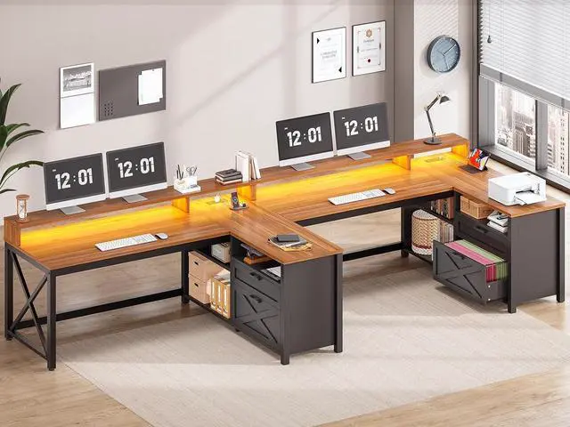 Alt view image 3 of 7 - SEDETA L Shaped Gaming Desk with Drawers, 55" Farmhouse Computer Desk with File Drawer and Storage Shelves, Corner Gaming Desk with LED Lights and Monitor Shelf, Black and Brown