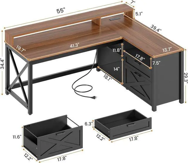 Alt view image 2 of 7 - SEDETA L Shaped Gaming Desk with Drawers, 55" Farmhouse Computer Desk with File Drawer and Storage Shelves, Corner Gaming Desk with LED Lights and Monitor Shelf, Black and Brown