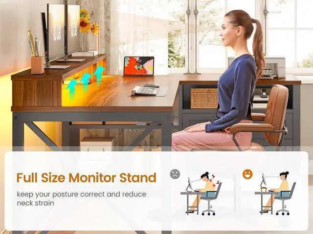 Alt view image 6 of 7 - SEDETA L Shaped Gaming Desk with Drawers, 55" Farmhouse Computer Desk with File Drawer and Storage Shelves, Corner Gaming Desk with LED Lights and Monitor Shelf, Black and Brown