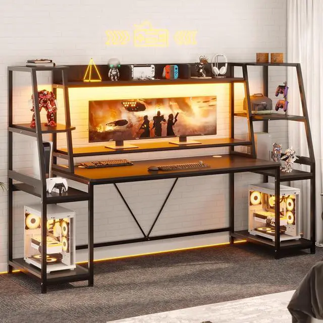 Alt view image 3 of 7 - SEDETA Gaming Desk 78.8'' with LED Lights, Hutch and Storage Shelves, Computer Desk with Monitor Stand, Large PC Gamer Desk Workstation, Ergonomic Gaming Table for Bedroom, Living Room, Black