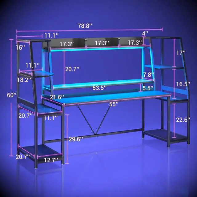 Alt view image 2 of 7 - SEDETA Gaming Desk 78.8'' with LED Lights, Hutch and Storage Shelves, Computer Desk with Monitor Stand, Large PC Gamer Desk Workstation, Ergonomic Gaming Table for Bedroom, Living Room, Black