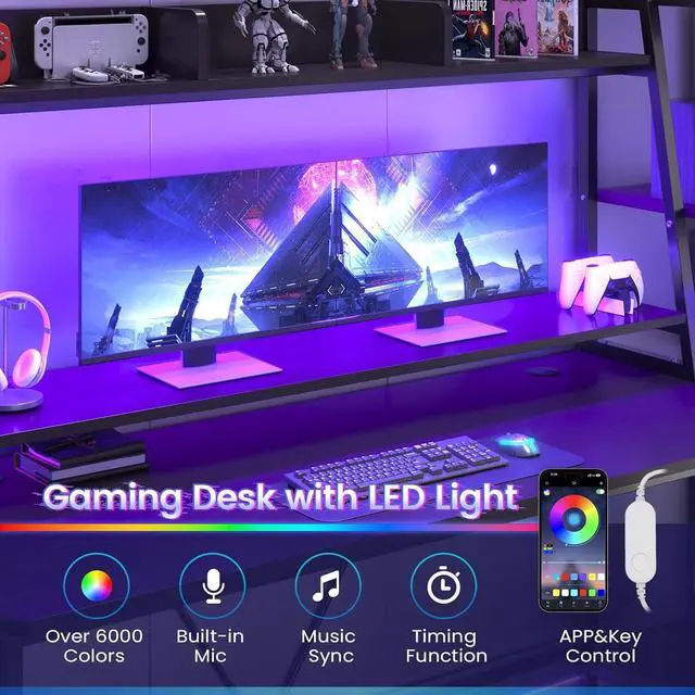Alt view image 6 of 7 - SEDETA Gaming Desk 78.8'' with LED Lights, Hutch and Storage Shelves, Computer Desk with Monitor Stand, Large PC Gamer Desk Workstation, Ergonomic Gaming Table for Bedroom, Living Room, Black