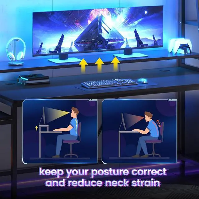 Alt view image 7 of 7 - SEDETA Gaming Desk 78.8'' with LED Lights, Hutch and Storage Shelves, Computer Desk with Monitor Stand, Large PC Gamer Desk Workstation, Ergonomic Gaming Table for Bedroom, Living Room, Black