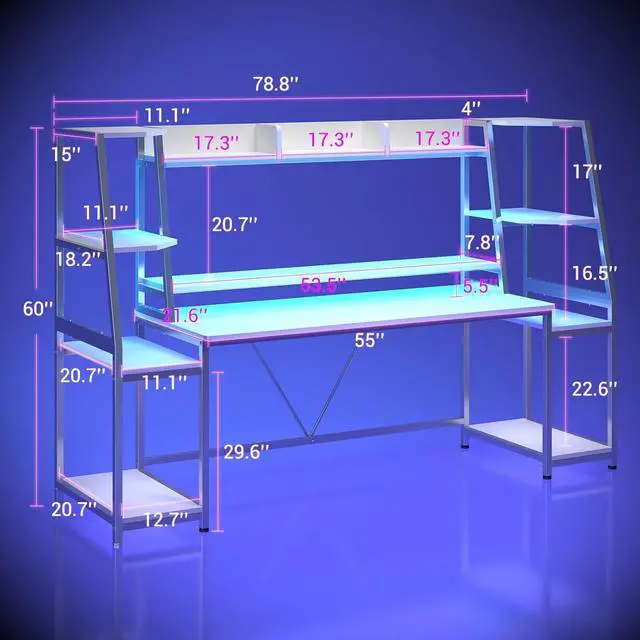 Alt view image 2 of 7 - SEDETA White Gaming Desk 78.8'' with LED Lights, Hutch and Storage Shelves, Computer Desk with Monitor Stand, Large PC Gamer Desk Workstation, Ergonomic Gaming Table for Bedroom, Living Room