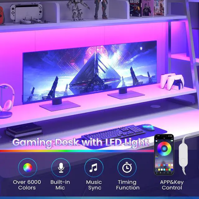 Alt view image 6 of 7 - SEDETA White Gaming Desk 78.8'' with LED Lights, Hutch and Storage Shelves, Computer Desk with Monitor Stand, Large PC Gamer Desk Workstation, Ergonomic Gaming Table for Bedroom, Living Room