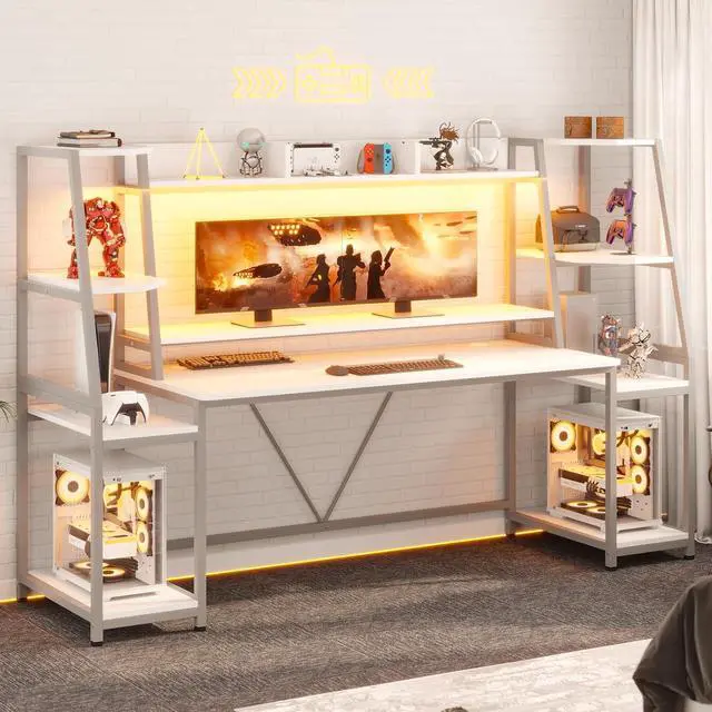 Alt view image 3 of 7 - SEDETA White Gaming Desk 78.8'' with LED Lights, Hutch and Storage Shelves, Computer Desk with Monitor Stand, Large PC Gamer Desk Workstation, Ergonomic Gaming Table for Bedroom, Living Room