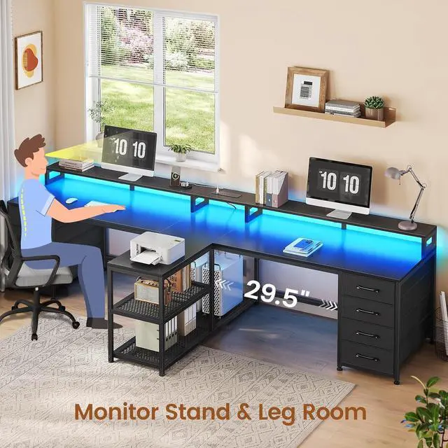 Main image of SEDETA 94.5" 2 Person Gaming Desk, Long Office Computer Desk with 8 Drawers & LED Light, Two Person Desk with Storage, Power Strip & Monitor Shelf for Home Office, Black