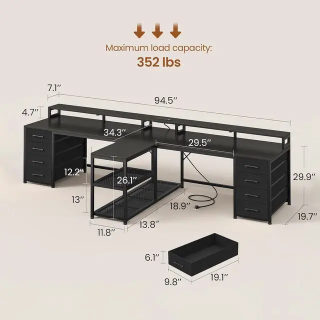 Alt view image 2 of 7 - SEDETA 94.5" 2 Person Gaming Desk, Long Office Computer Desk with 8 Drawers & LED Light, Two Person Desk with Storage, Power Strip & Monitor Shelf for Home Office, Black