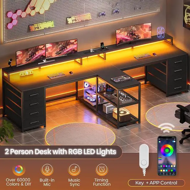 Alt view image 3 of 7 - SEDETA 94.5" 2 Person Gaming Desk, Long Office Computer Desk with 8 Drawers & LED Light, Two Person Desk with Storage, Power Strip & Monitor Shelf for Home Office, Black