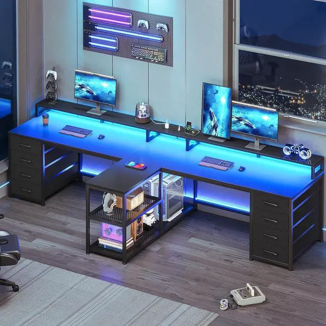 Alt view image 6 of 7 - SEDETA 94.5" 2 Person Gaming Desk, Long Office Computer Desk with 8 Drawers & LED Light, Two Person Desk with Storage, Power Strip & Monitor Shelf for Home Office, Black