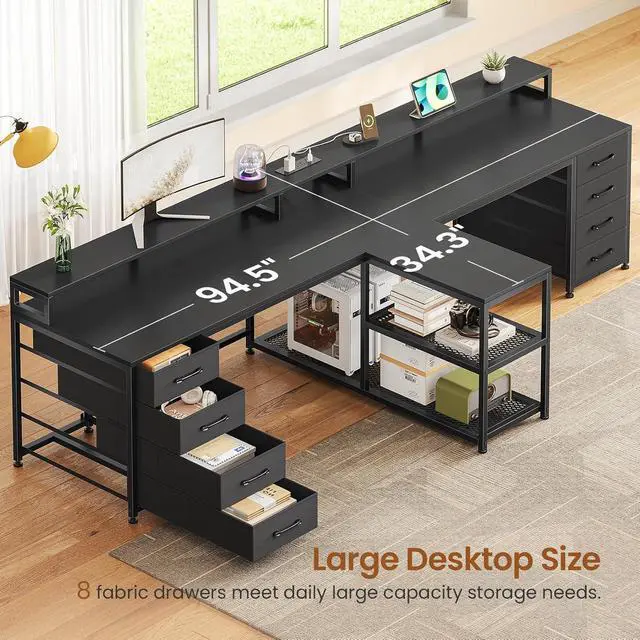 Alt view image 4 of 7 - SEDETA 94.5" 2 Person Gaming Desk, Long Office Computer Desk with 8 Drawers & LED Light, Two Person Desk with Storage, Power Strip & Monitor Shelf for Home Office, Black