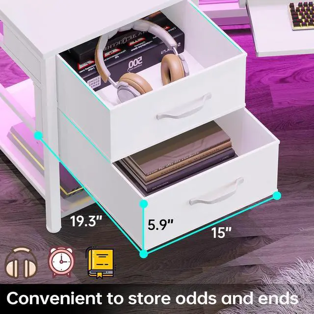 Alt view image 5 of 7 - SEDETA 79" Gaming Desk, Computer Desk with 2 Fabric Drawers & LED Light, White Small Desk with Storage for Home Office, Carbon Fiber White